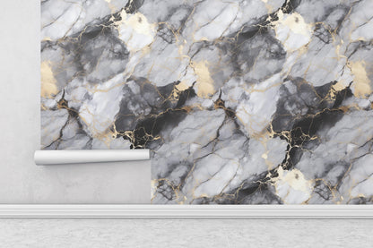 Removable Wallpaper, Black, Gold, Gray Marble - Peel & Stick, Reusable, Self Adhesive, 26 Inch Fixed Panels, Easy Install, Seamless