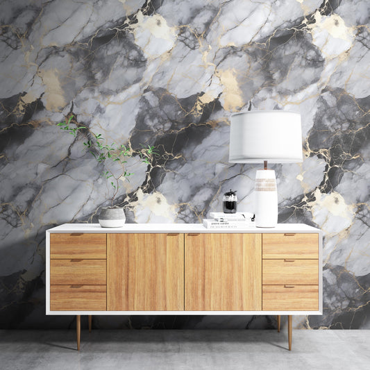 Removable Wallpaper, Black, Gold, Gray Marble - Peel & Stick, Reusable, Self Adhesive, 26 Inch Fixed Panels, Easy Install, Seamless