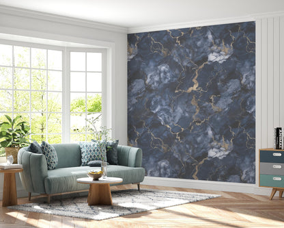 Blue and Gold Marble Removable Wallpaper, - Peel & Stick, Reusable, Self Adhesive, 26 Inch Fixed Panels, Easy Install, Seamless