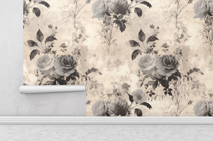 Vintage Rose Floral Removable Wallpaper - Peel & Stick, Reusable, Self Adhesive, 26 Inch Fixed Panels, Easy Install, Seamless