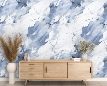 Removable Wallpaper, Blue and White Marble - Peel & Stick, Reusable, Self Adhesive, 26 Inch Fixed Panels, Easy Install, Seamless