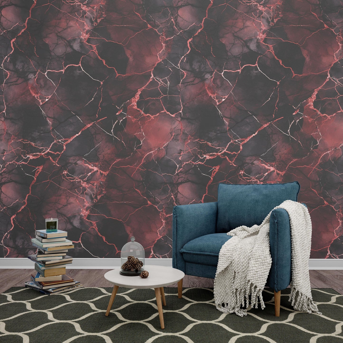 Removable Wallpaper, Black and Red Marble - Peel & Stick, Reusable, Self Adhesive, 26 Inch Fixed Panels, Easy Install, Seamless