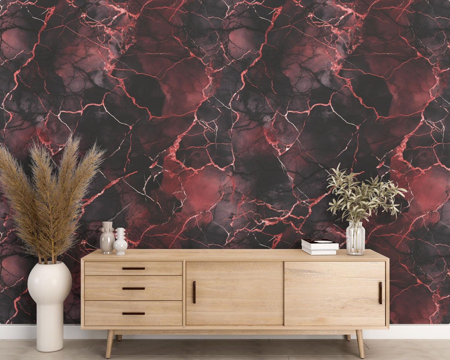 Removable Wallpaper, Black and Red Marble - Peel & Stick, Reusable, Self Adhesive, 26 Inch Fixed Panels, Easy Install, Seamless