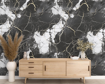 Removable Wallpaper, Black, Gold, White Marble - Peel & Stick, Reusable, Self Adhesive, 26 Inch Fixed Panels, Easy Install, Seamless