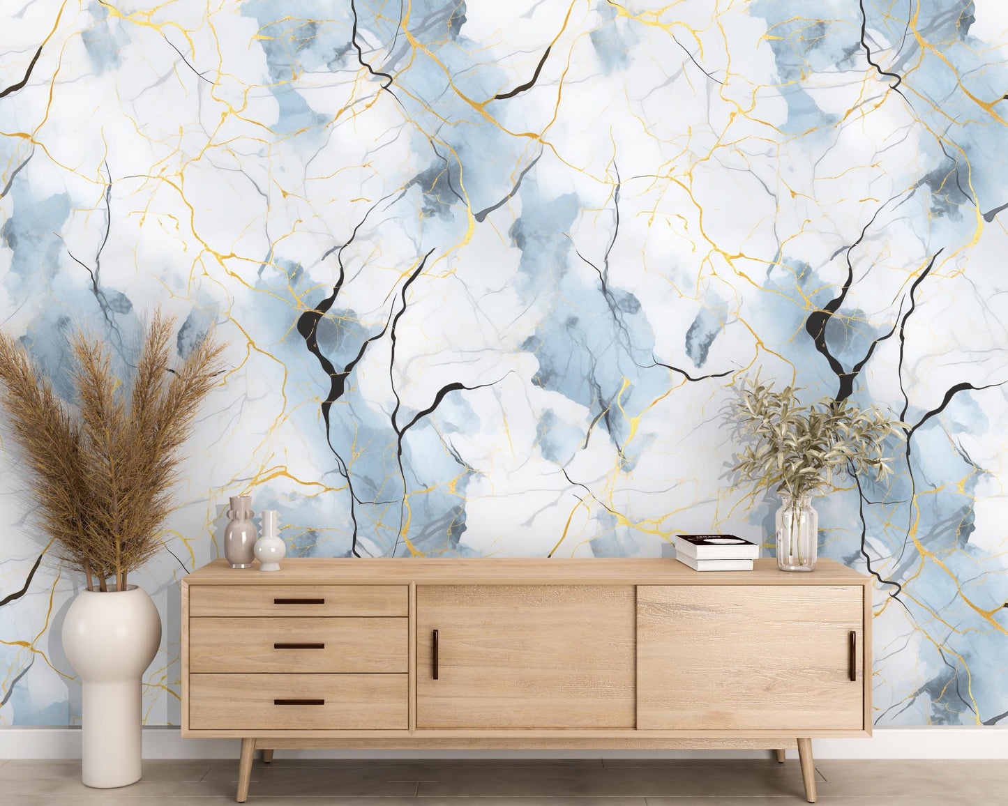 Removable Wallpaper, Blue and Gold Marble - Peel & Stick, Reusable, Self Adhesive, 26" Panels, Easy Install, Seamless