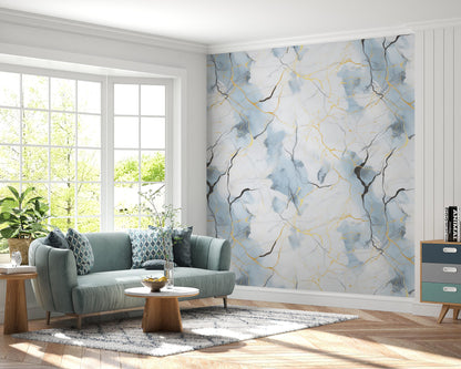 Removable Wallpaper, Blue and Gold Marble - Peel & Stick, Reusable, Self Adhesive, 26" Panels, Easy Install, Seamless