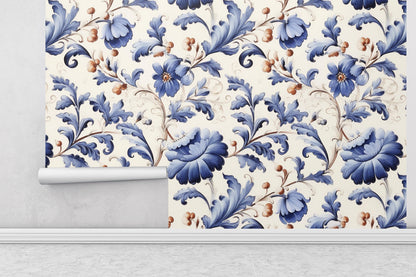 Removable Wallpaper, Blue and White Floral - Peel & Stick, Reusable, Self Adhesive, 26 Inch Fixed Panels, Easy Install, Seamless