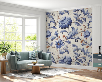 Removable Wallpaper, Blue and White Floral - Peel & Stick, Reusable, Self Adhesive, 26 Inch Fixed Panels, Easy Install, Seamless