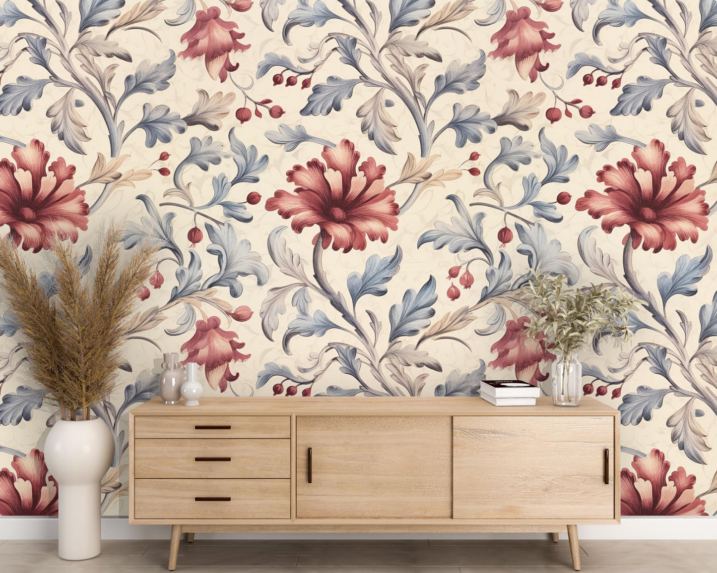 Removable Wallpaper, Red and Blue Floral Vintage, Peel & Stick, Reusable, Self Adhesive, 26 Inch Fixed Panels, Easy Install, Seamless