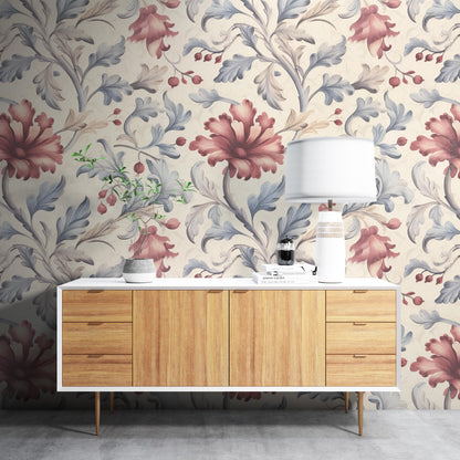 Removable Wallpaper, Red and Blue Floral Vintage, Peel & Stick, Reusable, Self Adhesive, 26 Inch Fixed Panels, Easy Install, Seamless