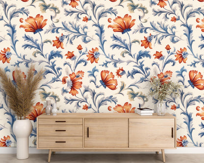 Removable Wallpaper, Blue and Orange Floral - Peel & Stick, Reusable, Self Adhesive, 26 Inch Fixed Panels, Easy Install, Seamless