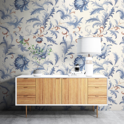 Removable Wallpaper, Blue Floral - Custom Printed, Peel & Stick, Reusable, Self Adhesive, 26 Inch Fixed Panels, Easy Install, Seamless