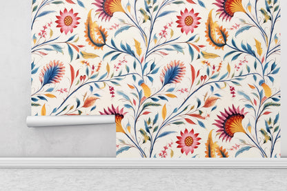 Removable Wallpaper, Colorful Floral  - Custom Printed, Peel & Stick, Reusable, Self Adhesive, 26 Inch Fixed Panels, Easy Install, Seamless