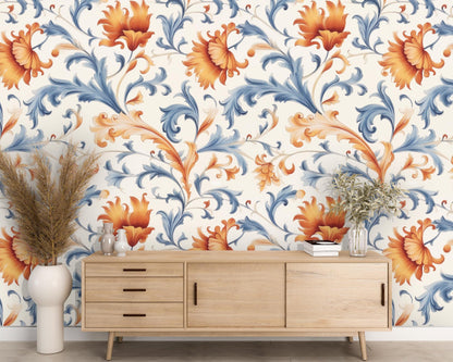 Removable Wallpaper, Orange and Blue Floral - Peel & Stick, Reusable, Self Adhesive, 26 Inch Fixed Panels, Easy Install, Seamless