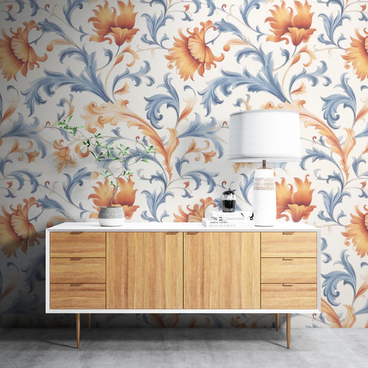 Removable Wallpaper, Orange and Blue Floral - Peel & Stick, Reusable, Self Adhesive, 26 Inch Fixed Panels, Easy Install, Seamless