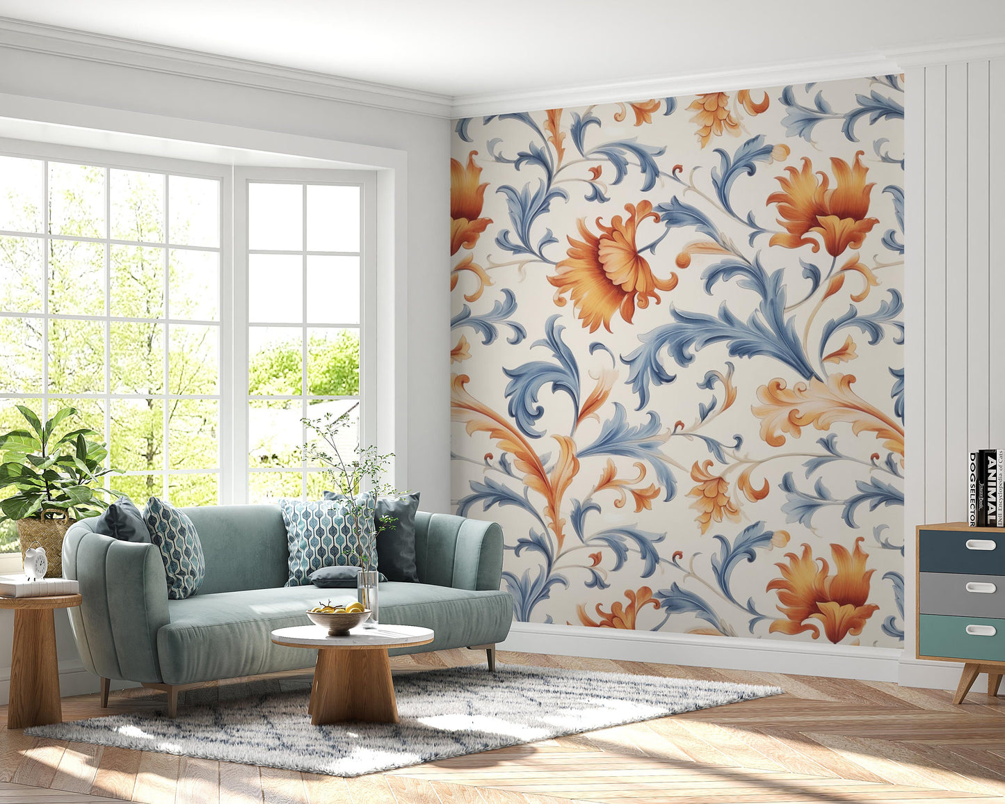 Removable Wallpaper, Orange and Blue Floral - Peel & Stick, Reusable, Self Adhesive, 26 Inch Fixed Panels, Easy Install, Seamless