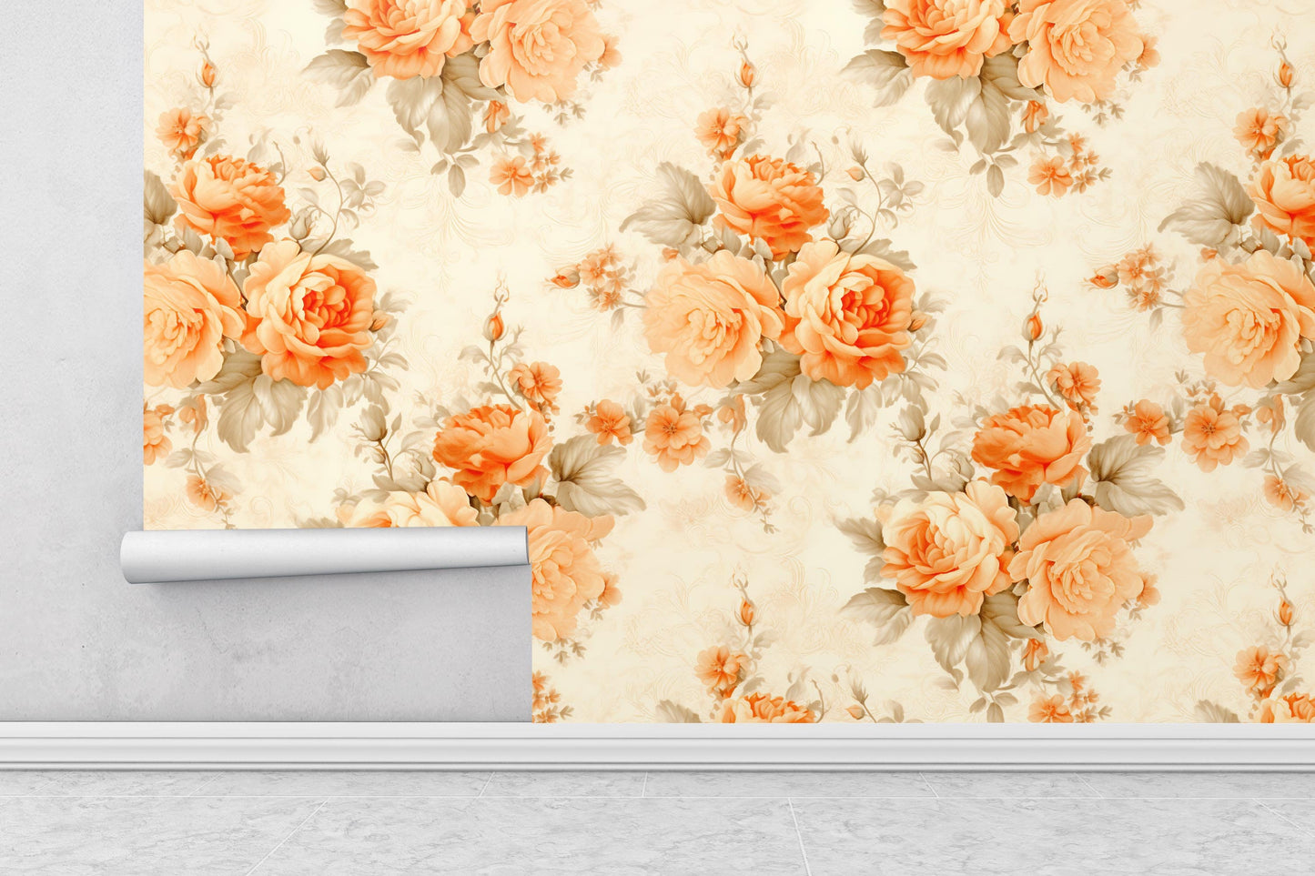 Orange Floral Removable Wallpaper- Peel & Stick, Reusable, Self Adhesive, Rose Pattern, 26 Inch Fixed Panels, Easy Install, Seamless