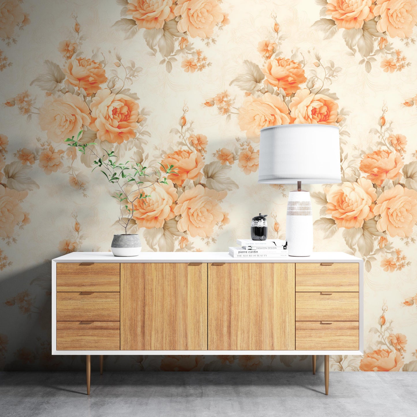 Orange Floral Removable Wallpaper- Peel & Stick, Reusable, Self Adhesive, Rose Pattern, 26 Inch Fixed Panels, Easy Install, Seamless