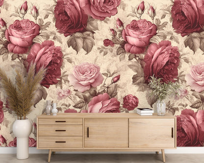 Red Rose Removable Wallpaper, Vintage Floral Wallpaper - Peel & Stick, Reusable, Self Adhesive, 26 Inch Fixed Panels, Easy Install