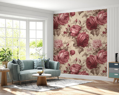 Red Rose Removable Wallpaper, Vintage Floral Wallpaper - Peel & Stick, Reusable, Self Adhesive, 26 Inch Fixed Panels, Easy Install