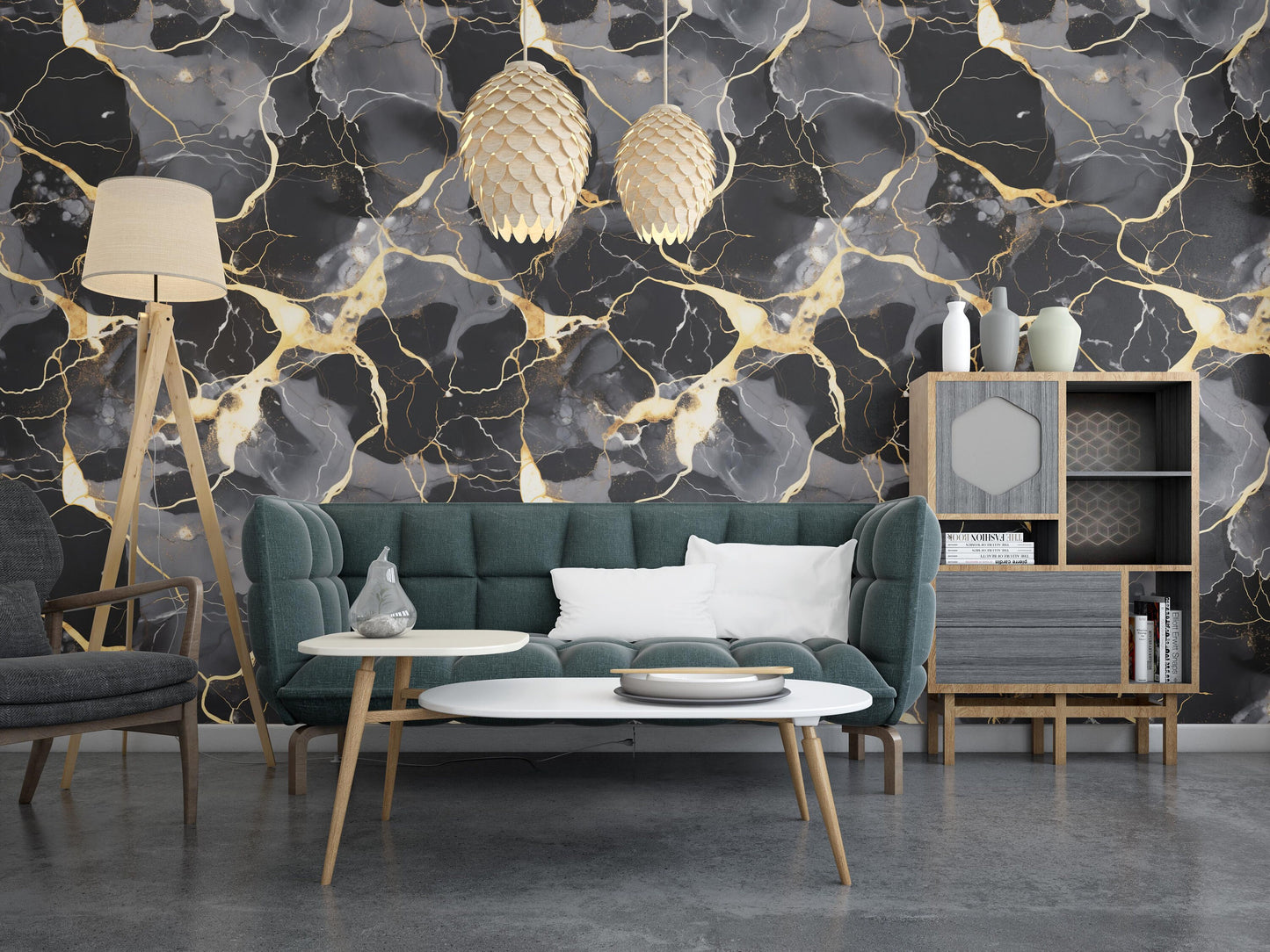 Removable Wallpaper, Black, Gold, Gray Marble - Peel & Stick, Reusable, Self Adhesive, 26 Inch Fixed Panels, Easy Install, Seamless