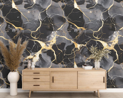 Removable Wallpaper, Black, Gold, Gray Marble - Peel & Stick, Reusable, Self Adhesive, 26 Inch Fixed Panels, Easy Install, Seamless