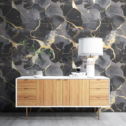 Removable Wallpaper, Black, Gold, Gray Marble - Peel & Stick, Reusable, Self Adhesive, 26 Inch Fixed Panels, Easy Install, Seamless