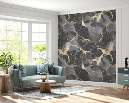 Removable Wallpaper, Black, Gold, Gray Marble - Peel & Stick, Reusable, Self Adhesive, 26 Inch Fixed Panels, Easy Install, Seamless