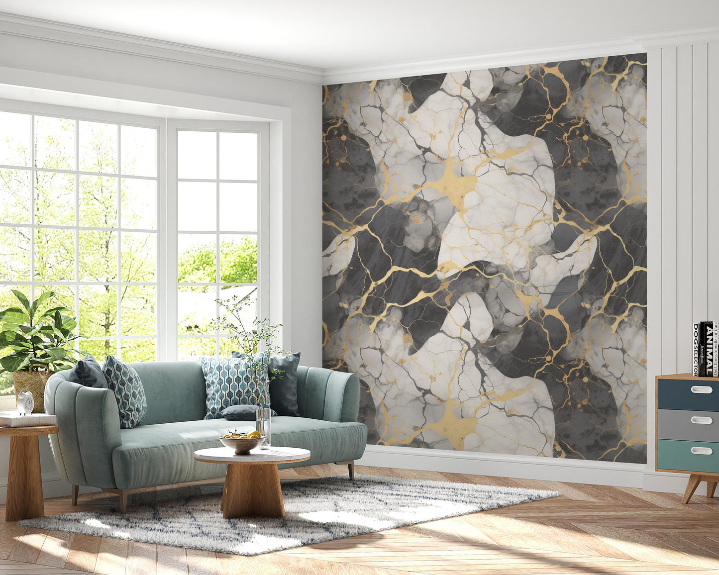 Removable Wallpaper, White, Gold, Black Marble - Peel & Stick, Reusable, Self Adhesive, 26 Inch Fixed Panels, Easy Install, Seamless