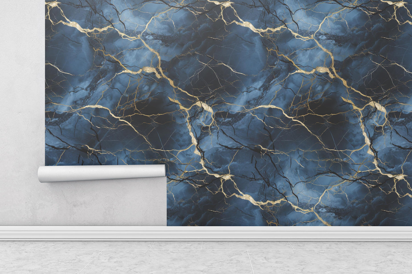 Blue, Gold and Black Marble Removable Wallpaper,- Peel & Stick, Reusable, Self Adhesive, 26 Inch Fixed Panels, Easy Install, Seamless