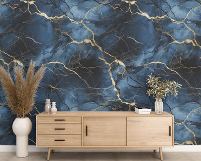 Blue, Gold and Black Marble Removable Wallpaper,- Peel & Stick, Reusable, Self Adhesive, 26 Inch Fixed Panels, Easy Install, Seamless