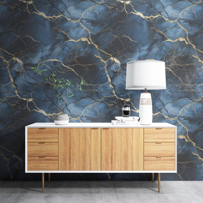 Blue, Gold and Black Marble Removable Wallpaper,- Peel & Stick, Reusable, Self Adhesive, 26 Inch Fixed Panels, Easy Install, Seamless