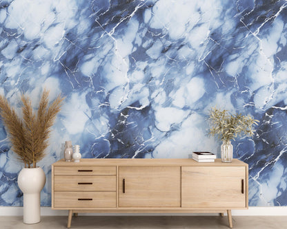 Removable Wallpaper, White and Blue Marble - Peel & Stick, Reusable, Self Adhesive, 26 Inch Fixed Panels, Easy Install, Seamless