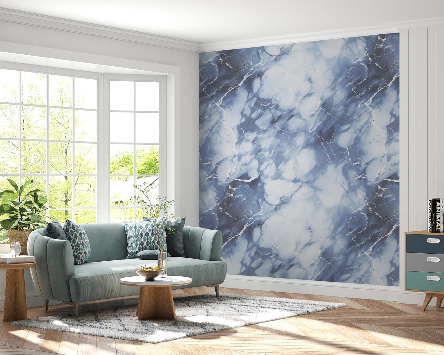 Removable Wallpaper, White and Blue Marble - Peel & Stick, Reusable, Self Adhesive, 26 Inch Fixed Panels, Easy Install, Seamless