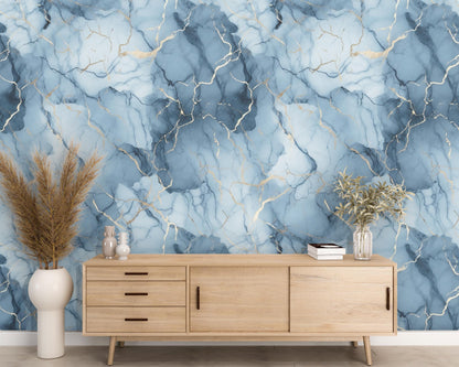 Removable Wallpaper, Gold, Blue and White Marble - Peel & Stick, Reusable, Self Adhesive, 26 Inch Fixed Panels, Easy Install, Seamless