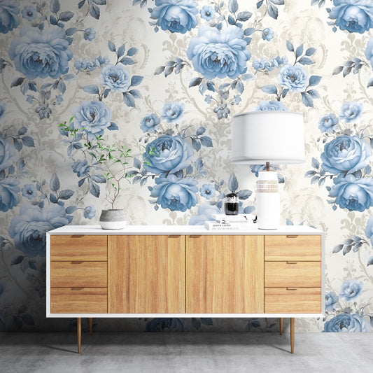 Removable Wallpaper, Blue Rose Floral - Peel & Stick, Reusable, Self Adhesive, 26 Inch Fixed Panels, Easy Install, Seamless