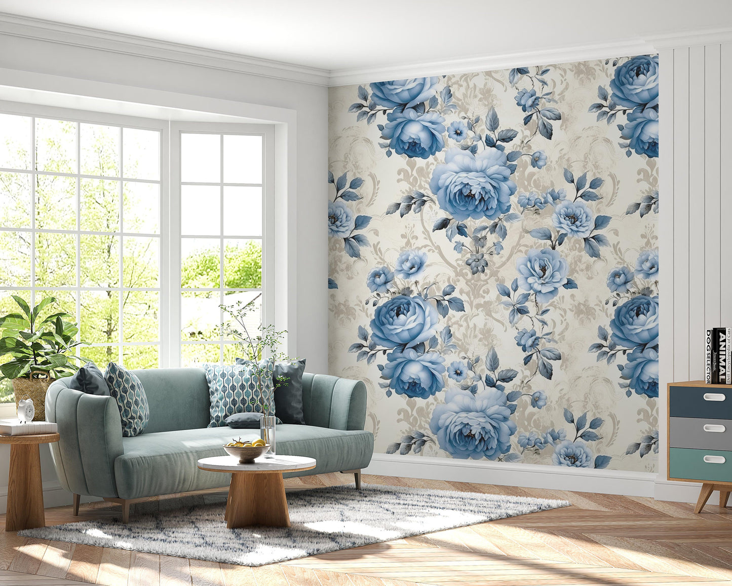 Removable Wallpaper, Blue Rose Floral - Peel & Stick, Reusable, Self Adhesive, 26 Inch Fixed Panels, Easy Install, Seamless