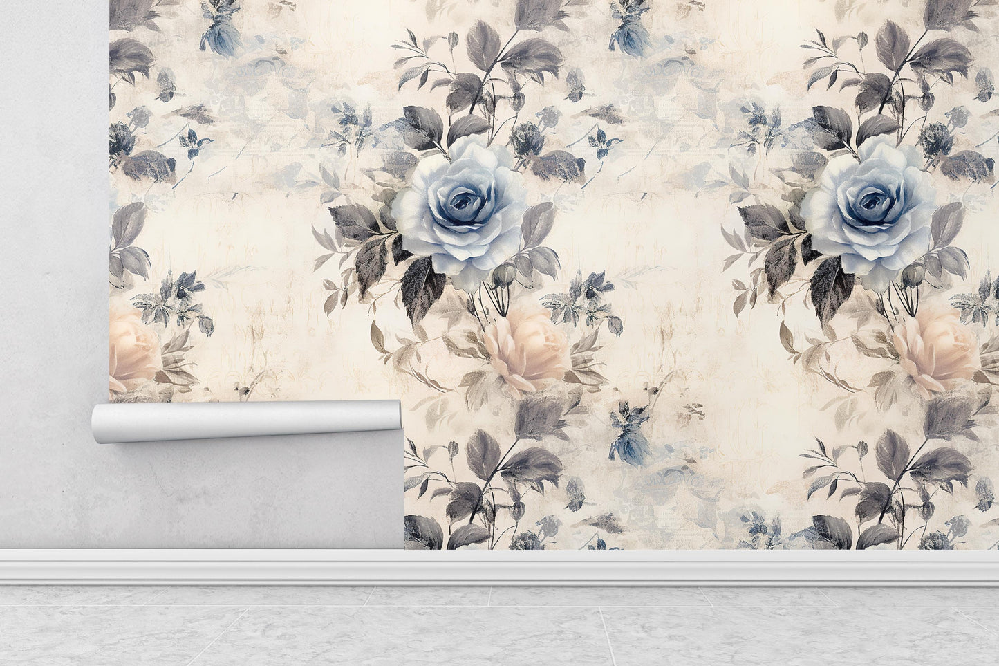 Removable Wallpaper, Blue and Cream Rose - Peel & Stick, Reusable, Self Adhesive, 26 Inch Fixed Panels, Easy Install, Seamless