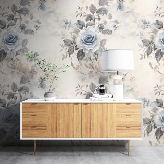 Removable Wallpaper, Blue and Cream Rose - Peel & Stick, Reusable, Self Adhesive, 26 Inch Fixed Panels, Easy Install, Seamless