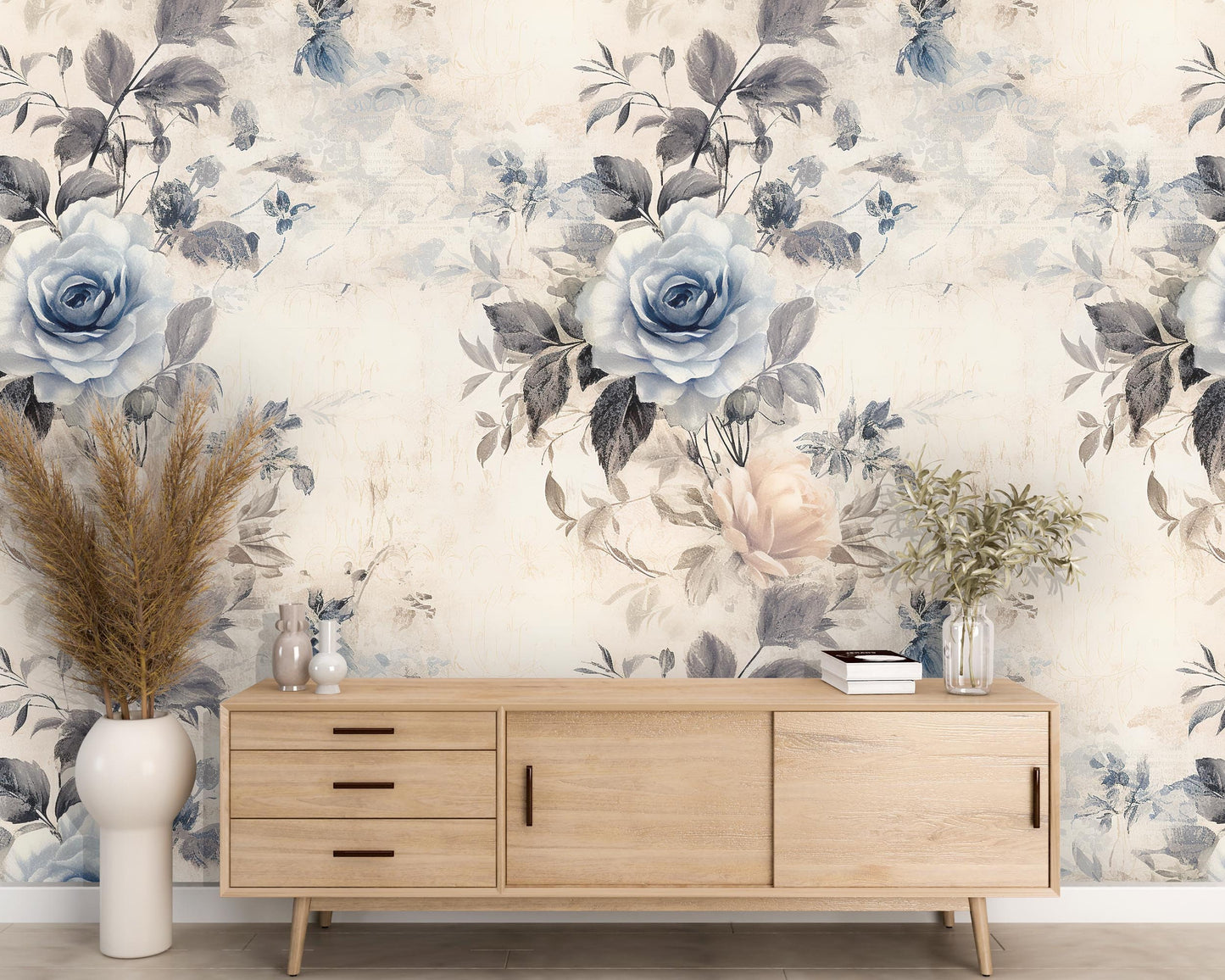 Removable Wallpaper, Blue and Cream Rose - Peel & Stick, Reusable, Self Adhesive, 26 Inch Fixed Panels, Easy Install, Seamless