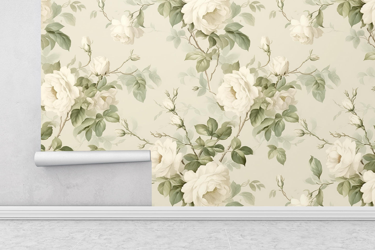 Removable Wallpaper, Green and White Rose Floral - Peel & Stick, Reusable, Self Adhesive, 26 Inch Fixed Panels, Easy Install, Seamless