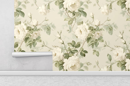 Removable Wallpaper, Green and White Rose Floral - Peel & Stick, Reusable, Self Adhesive, 26 Inch Fixed Panels, Easy Install, Seamless