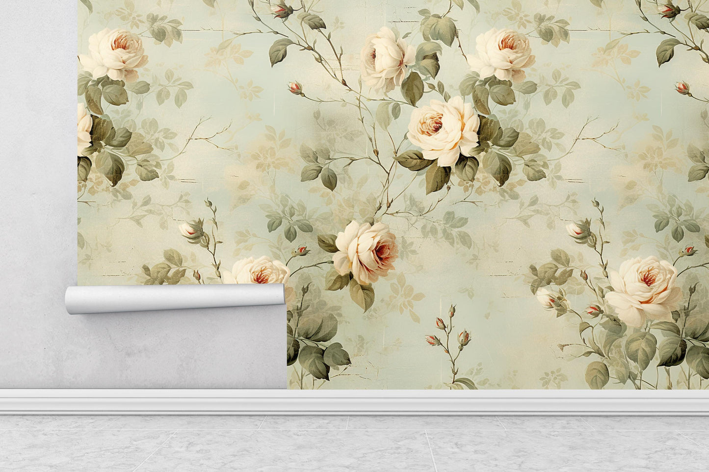 Removable Wallpaper, White and Green Rose Floral - Peel & Stick, Reusable, Self Adhesive, 26 Inch Fixed Panels, Easy Install, Seamless