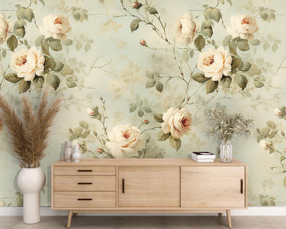 Removable Wallpaper, White and Green Rose Floral - Peel & Stick, Reusable, Self Adhesive, 26 Inch Fixed Panels, Easy Install, Seamless