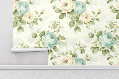 Removable Wallpaper, Green and Blue Rose Floral - Peel & Stick, Reusable, Self Adhesive, 26 Inch Fixed Panels, Easy Install, Seamless