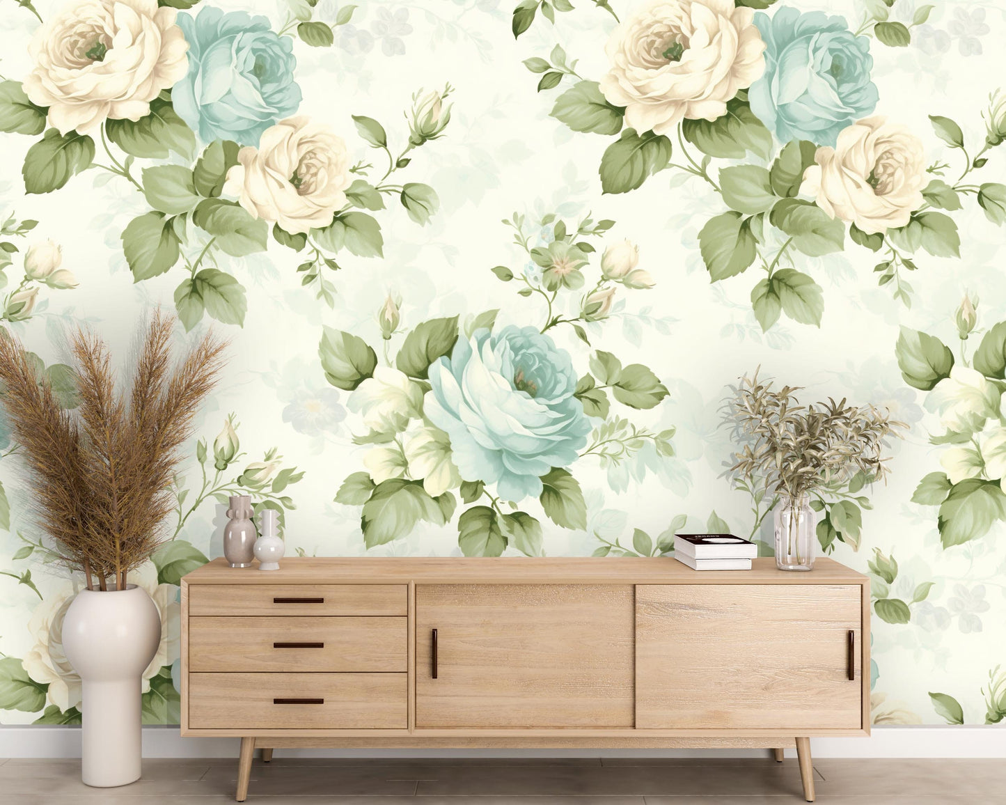 Removable Wallpaper, Green and Blue Rose Floral - Peel & Stick, Reusable, Self Adhesive, 26 Inch Fixed Panels, Easy Install, Seamless