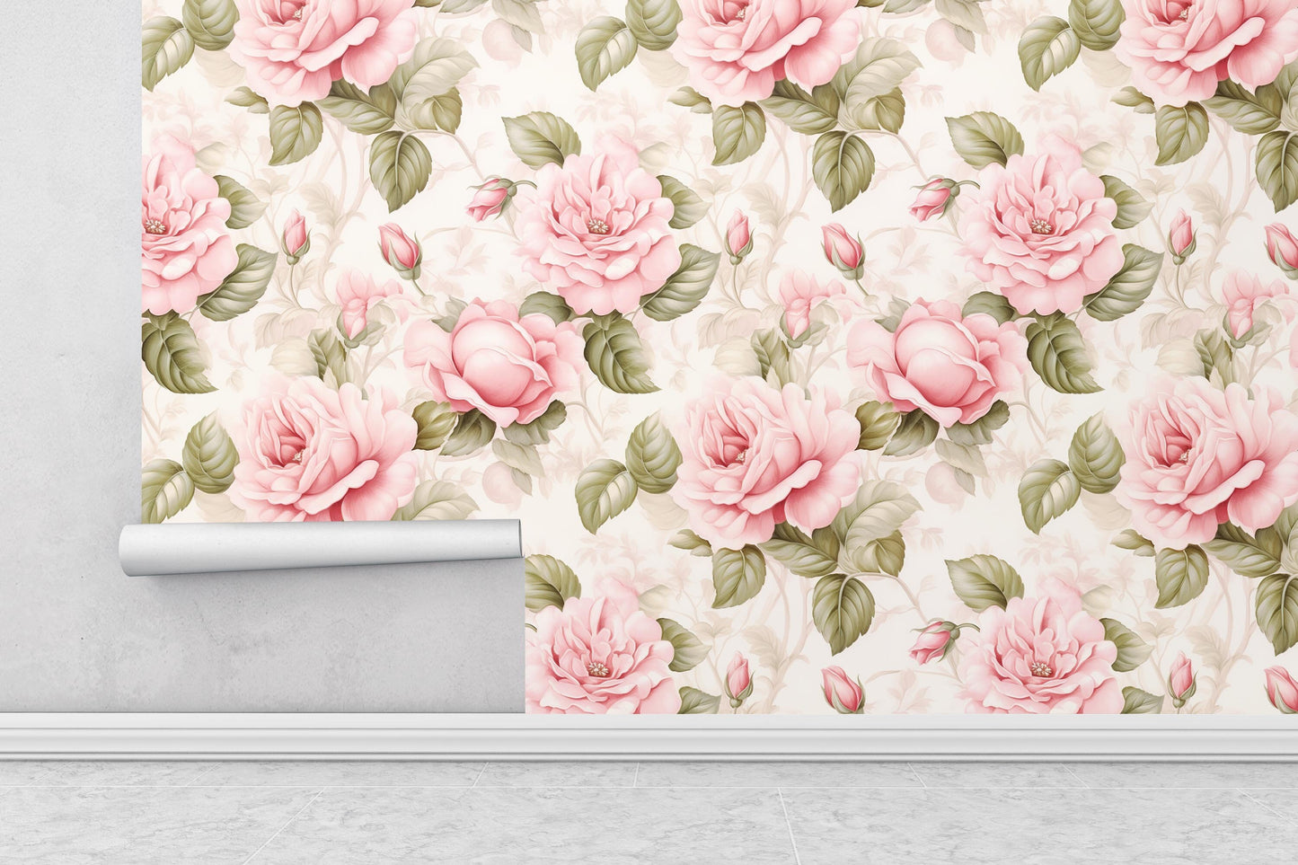 Removable Wallpaper, Pink and Green Rose - Peel & Stick, Reusable, Self Adhesive, 26 Inch Fixed Panels, Easy Install, Seamless