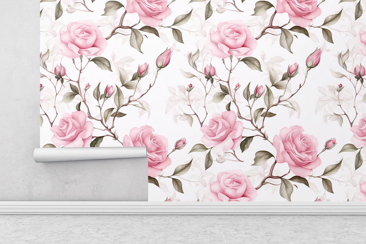 Removable Wallpaper, Pink, Green Rose - Peel & Stick, Reusable, Self Adhesive, 26 Inch Fixed Panels, Easy Install, Seamless