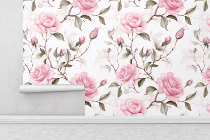 Removable Wallpaper, Pink, Green Rose - Peel & Stick, Reusable, Self Adhesive, 26 Inch Fixed Panels, Easy Install, Seamless