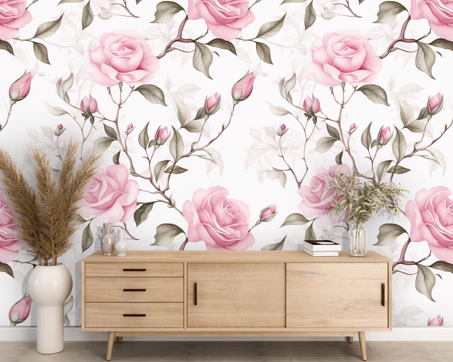 Removable Wallpaper, Pink, Green Rose - Peel & Stick, Reusable, Self Adhesive, 26 Inch Fixed Panels, Easy Install, Seamless